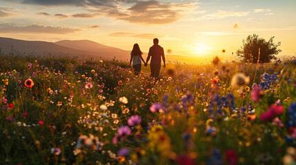 Gefühle im Blumenmeer: Ein Paar erlebt die Romantik des Sonnenuntergangs