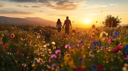 Foto op Plexiglas Gefühle im Blumenmeer: Ein Paar erlebt die Romantik des Sonnenuntergangs © Joseph Maniquet