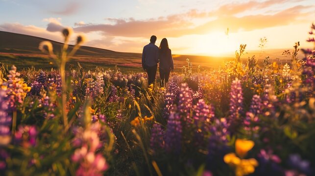 Gef&uuml;hle im Blumenmeer: Ein Paar erlebt die Romantik des Sonnenuntergangs