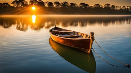 An old wooden boat, surrounded by glassy waters and a setting sun, its sails gently billowing in...