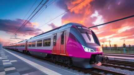 Naklejka premium high speed commuter train on the railway station and colorful sky with clouds