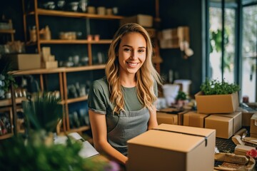 Startup small business, Businesswoman running an e-commerce small business. Female entrepreneur preparing orders for shipping at the home office, packaging box, ai generative