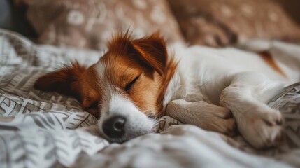 A cute dog peacefully napping on a bed - obrazy, fototapety, plakaty