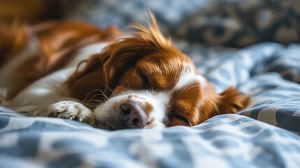 A charming image of a dog curled up and napping serenely on a bed.





