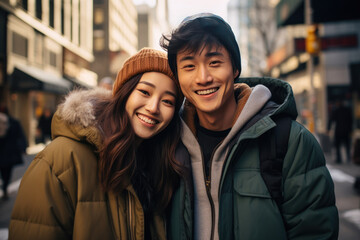 Smiling Young Couple Enjoying a Sunny Winter Day in the City
