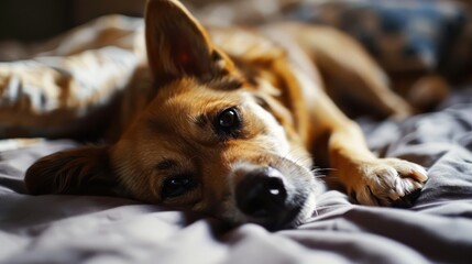 Adorable dog peacefully taking a nap on a bed, casting a sweet gaze at the camera.