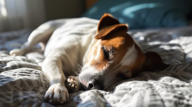 A charming image of a dog curled up and napping serenely on a bed.





