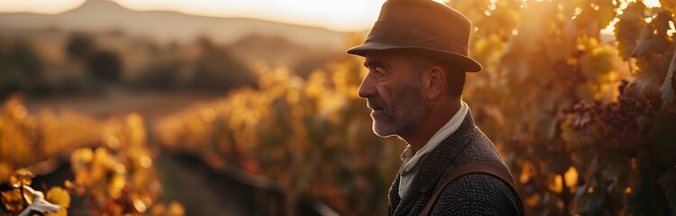 Vineyards, portrait of old winemaker next to the vines, Vintage photo, imitation of an old photo...