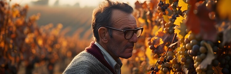 Vineyards, portrait of old winemaker next to the vines, Vintage photo, imitation of an old photo...