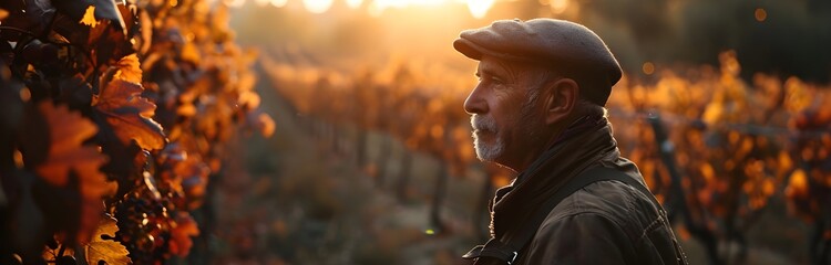 Vineyards, portrait of old winemaker next to the vines, Vintage photo, imitation of an old photo film, concept of winemaking in France, Spain, photo filter - obrazy, fototapety, plakaty