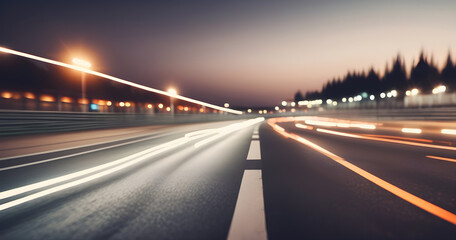 blurred street of race track evening city lights defocused background banner with copy space
