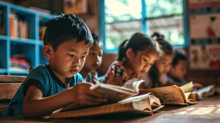 Student kids reading book in the class room