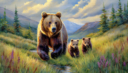 Digital oil painting of grizzly bear family,AI