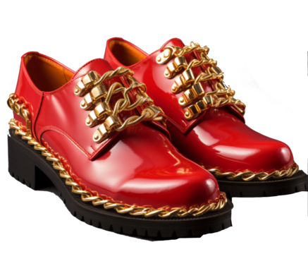 Red loafers with gold laces, trimmed with a gold chain. Isolated on transparent background, PNG.