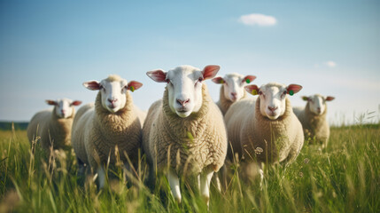Fototapeta premium sheep standing on top of a grass covered field
