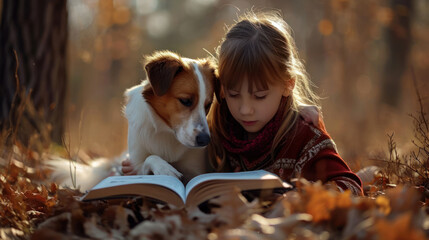Child and dog reading book together