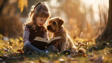 Child and dog reading book together