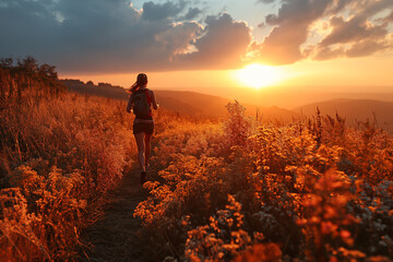 Fototapeta premium Silhouette of a woman running on a meadow when sunset.