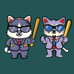 cute cat wearing a suit and sunglasses with a bat cartoon icon illustration