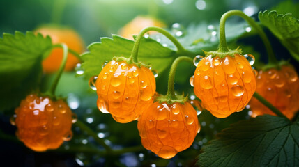 close-up of Cloudberries moroshka in water drops - obrazy, fototapety, plakaty