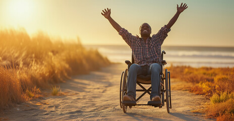 Happy African american black man on a wheelchair - diversity and inclusion concept - Praising the Lord - Praying for a miricale and healing - Happiness and independence despite disability - obrazy, fototapety, plakaty