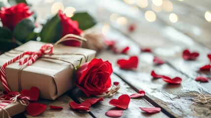 Beautiful Valentine background with gifts and flower, copy space