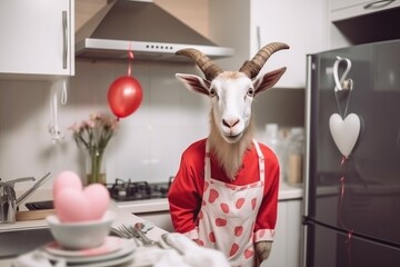 The goat is preparing to celebrate Valentine's Day at home, in the kitchen, preparing treats. 3D illustration