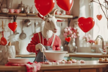 The goat is preparing to celebrate Valentine's Day at home, in the kitchen, preparing treats. 3D illustration