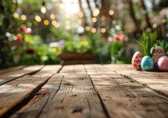 Wooden table in garden with blurred flowers and eggs background to celebration Easter and new...