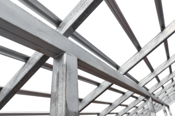 Steel beam structure roof building site isolated on white background, Modern metal structure house
