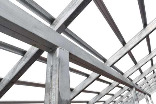 Steel beam structure roof building site isolated on white background, Modern metal structure house
