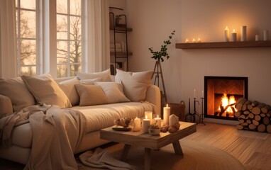 a cozy minimalist living room with fireplace interior design