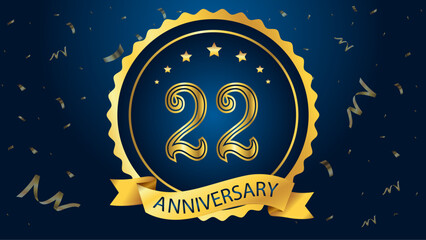 Celebrate the 22th anniversary with gold letters, gold ribbons and confetti on a dark blue background