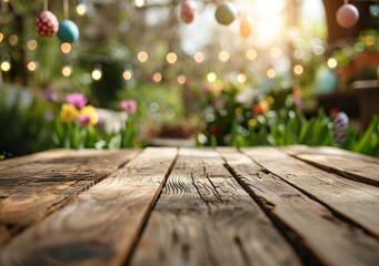 Wooden table in garden with blurred flowers and eggs background to celebration Easter and new...