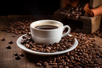 Fototapeta premium cup coffee heap beans wooden table