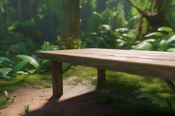 Jungle table background. Interior table for a cosmetic item against the backdrop of tropical plants, palms and jungle. Neural network AI generated art
