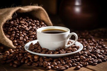 Fototapeta premium cup coffee heap beans wooden table