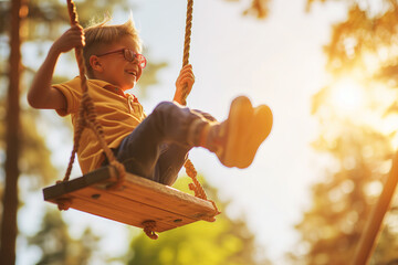 Joyful Boy with Down Syndrome Swinging into the Sunlight