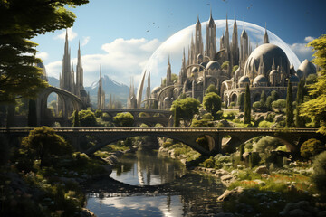 Emerald Metropolis: Futuristic City Nestled in Nature's Verdant Embrace, Marrying Sleek Skyscrapers and Eco-Technological Symphony