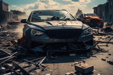 A damaged car after an accident. Generative AI.