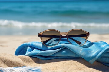 A sunglasses resting on a beach towel with the sea in the background
