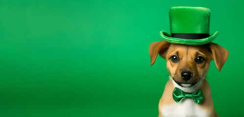 A St. Patricks Day-themed image featuring a dog wearing a top hat on a green background