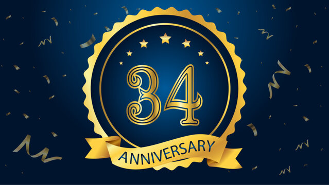 Celebrate the 34th anniversary with gold letters, gold ribbons and confetti on a dark blue background