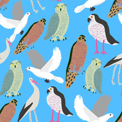 seamless pattern with different birds in flat style. Template for design, print, background, packaging, book, wrapping paper, fabric.