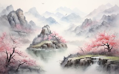 Serene Chinese valley embraced by misty mountains and blooming cherry blossom trees chinese painting illustration