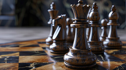 a piece of chess is on black background, futuristic graphic icon and wooden chess board game black color tone