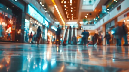 Fototapeta premium A shopping concept background with a modern shopping mall in blur, portraying several shoppers in motion. 