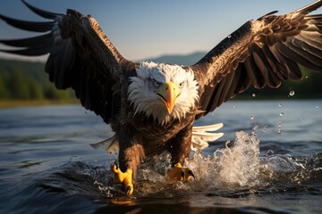An sea eagle catching a fish in the water. Generative AI.