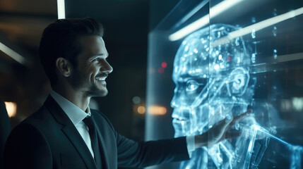 Business man smiling as he looks at a holographic projection of a human artificial intelligence face.