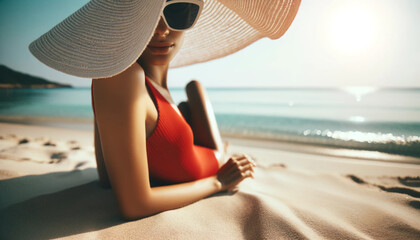 Summer relaxation on the beach, with a woman in a striking red swimsuit lounging near the sea, her face obscured by a broad sunhat, embodying leisure and the serene beach atmosphere. - obrazy, fototapety, plakaty